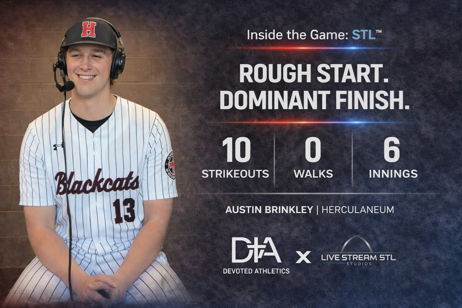 Herculaneum Blackcats pitcher Austin Brinkley postgame feature graphic highlighting dominant outing and shortstop Eli Strinni defensive leadership